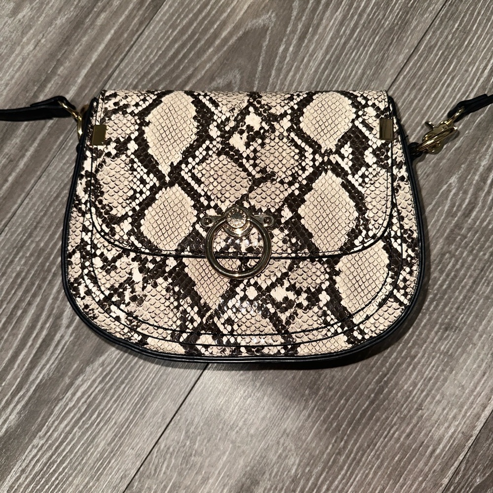 Poppy & Peonies - the SADDIE SADDLE BAG || Black and Cream Snakeskin